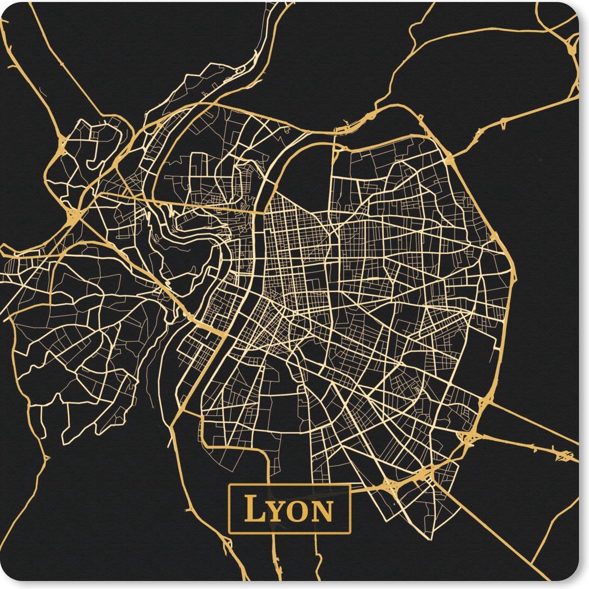 Muismat 30x30 cm - Mousepad Kaart - Lyon - Goud - Zwart - Muismatten
