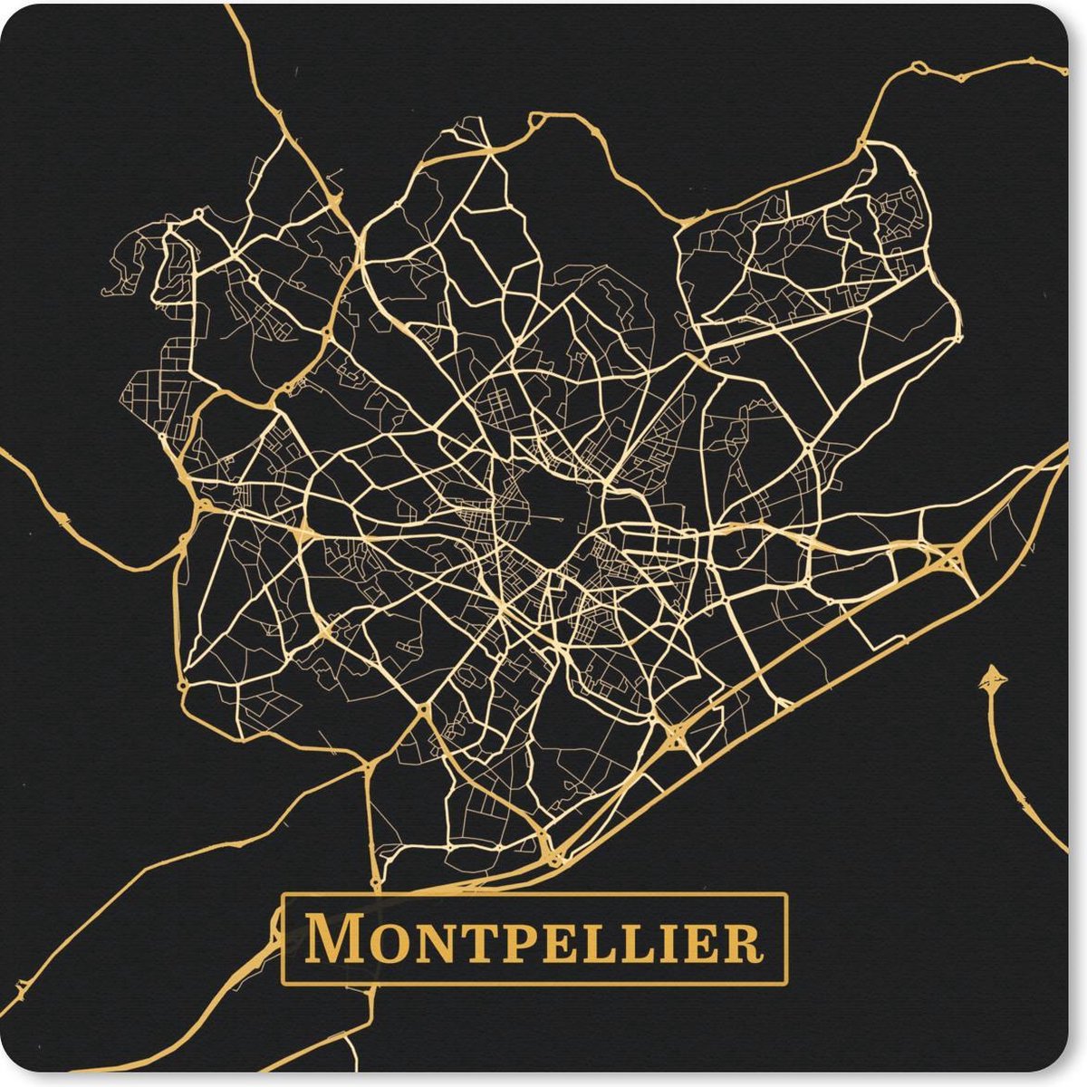 Muismat 20x20 cm - Mousepad Kaart - Montpellier - Goud - Zwart - Muismatten