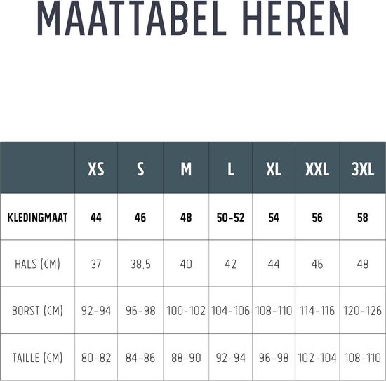 Maattabel heren met maten voor kleding, hals, borst en taille in centimeters.