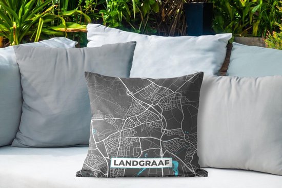 Buitenkussen - Plattegrond - Landgraaf - Grijs - Blauw - 45x45 cm - Weerbestendig - Stadskaart