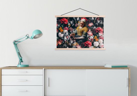 Affiche scolaire - Melkmeisje - Johannes Vermeer - Fleurs - 90x60 cm - Lattes vierges