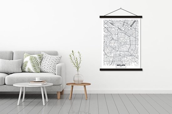 Posterhanger incl. Poster 120x160 cm - Schoolplaat - Kaart - Milaan - Italië - Zwart - Wit - Textielposter - Zwarte latten