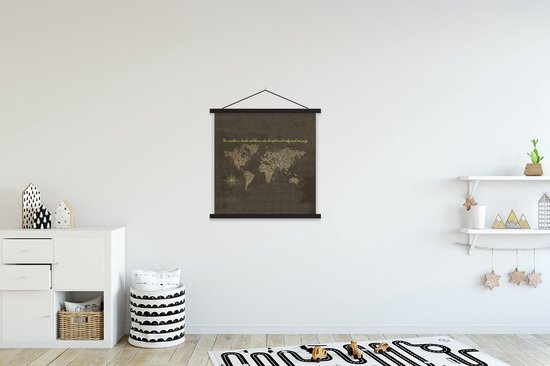 Posterhanger incl. Poster 60x60 cm - Schoolplaat - Wereldkaart - Krant - Groen - Textielposter - Zwarte latten