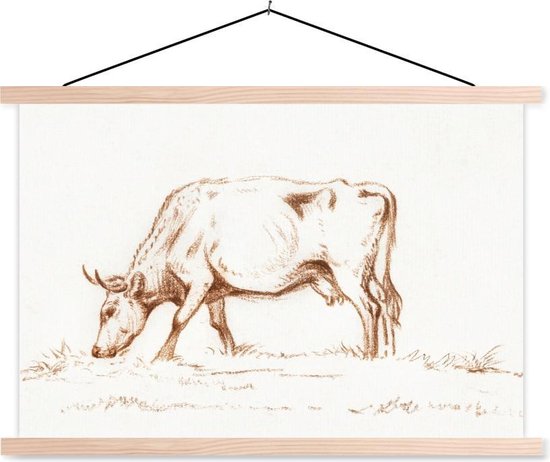 Posterhanger incl. Poster - Schoolplaat - Grazende stier - schilderij van Jean Bernard - 150x100 cm - Blanke latten