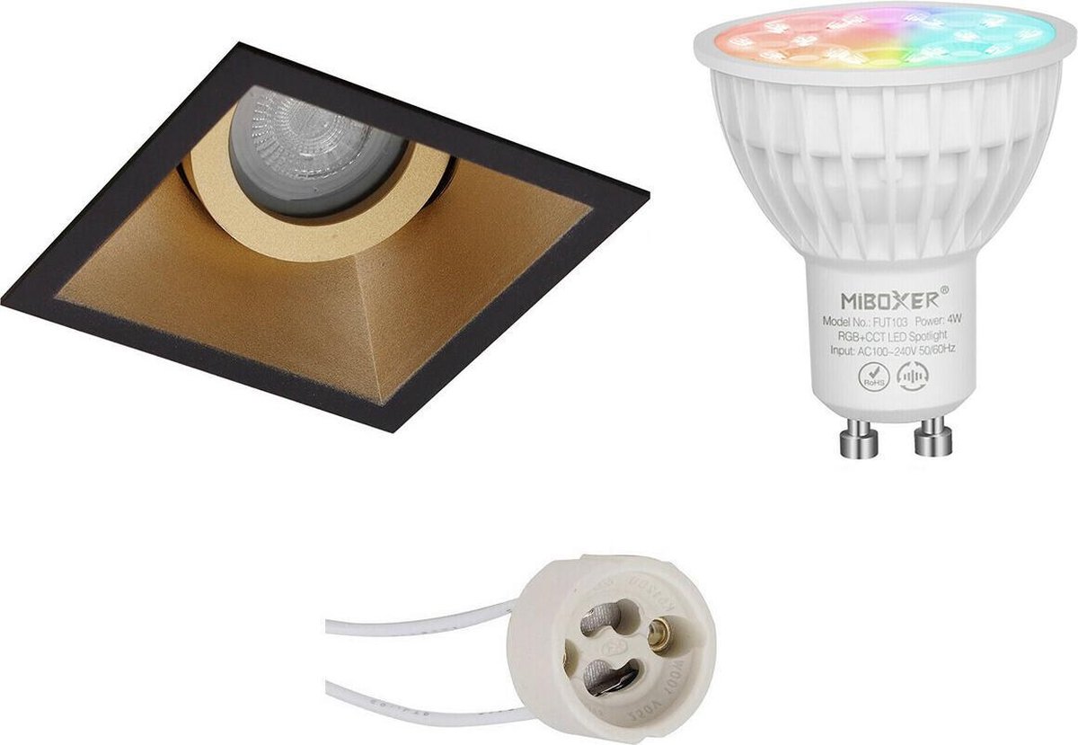 Mi-Light MiBoxer - LED Spot Set GU10 - Smart LED - Wifi LED - Slimme LED - 4W - RGB+CCT - Aanpasbare Kleur - Dimbaar - Proma Zano Pro - Inbouw Vierkant - Mat Zwart/Goud - Kantelbaar - 93mm
