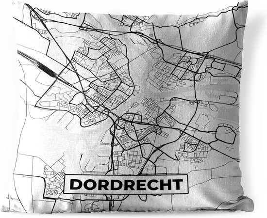 Sierkussen Buiten - Kaart - Dordrecht - Zwart - Wit - 60x60 cm - Weerbestendig