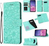 Voor Samsung Galaxy S10e Huid Voelen Reliëf Zonnebloem Horizontale Flip Lederen Case met Houder & Kaartsleuven & Portemonnee & Lanyard (Groen)