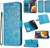 Voor Samsung Galaxy A50s Huid Voelen Reliëf Zonnebloem Horizontale Flip Lederen Case met Houder & Kaartsleuven & Portemonnee & Lanyard (Blauw)
