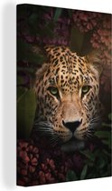 Canvas Schilderij Panter - Jungle - Planten - Bloemen - 40x60 cm - Wanddecoratie