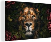 Canvas Schilderij Jungle - Leeuw - Bloemen - Planten - 120x80 cm - Wanddecoratie