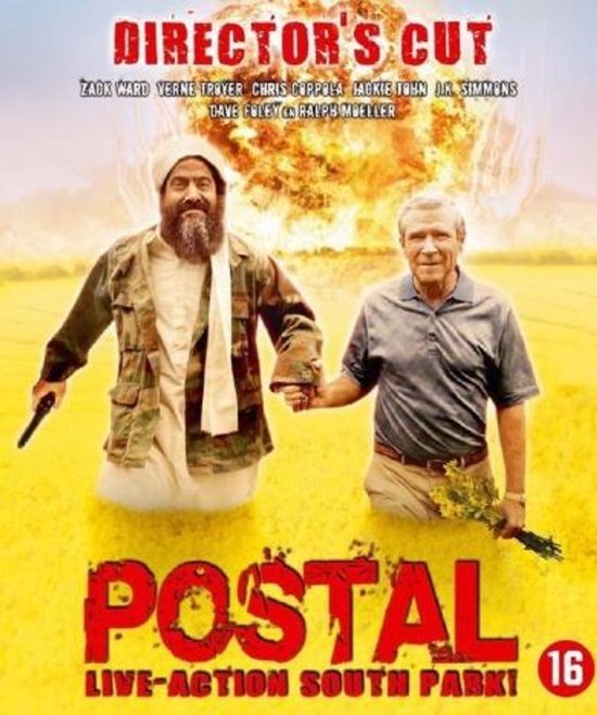 Poster van de film Postal met "Director's Cut" en "Live-Action South Park!". Twee mannen, een met baard en wapen, de ander met een bos bloemen, op de achtergrond een explosie.