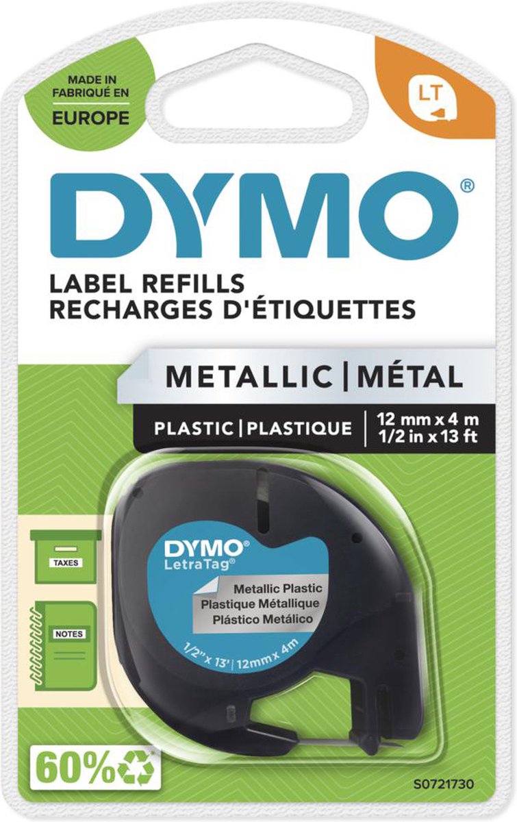 DYMO originele LetraTag metallic labels | Zwarte afdrukken op metallic zilver etiketten | 12 mm x 4 mm | Zelfklevende multifunctionele labels voor LetraTag labelprinters