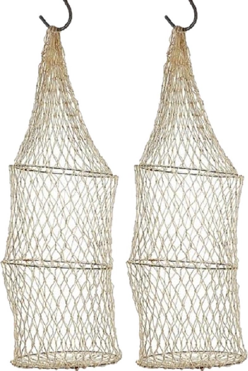 Decoratie visnet - 2x stuks - met 3 ringen - 16 x 48 cm - vissers fuik - Siernet - nautisch net - maritiem decornet - netfuik