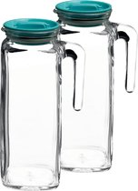 2 x pichets en verre avec couvercle 1 litre - Pichets à jus / pichets à eau / pichets