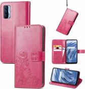 Voor OPPO Realme V15 5G Vierbladige Sluiting Reliëf Gesp Mobiele Telefoon Bescherming Lederen Case met Lanyard & Card Slot & Portemonnee & Beugel Functie (Magenta)