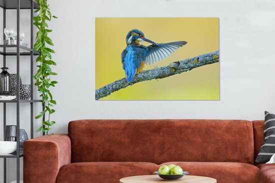 Canvas schilderij 140x90 cm - Wanddecoratie IJsvogel - Tak - Blauw - Muurdecoratie woonkamer - Slaapkamer decoratie - Kamer accessoires - Schilderijen