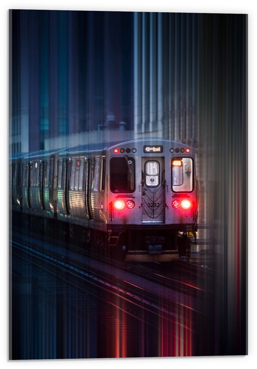 KuijsFotoprint Acrylglas - Trein met Licht in de Nacht - 40x60cm Foto op Acrylglas (Wanddecoratie op Acrylglas) Rood