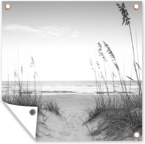 Tuin poster Helmgras groeit in het zand op de duinen - zwart wit - 200x200 cm - Tuindoek - Buitenposter