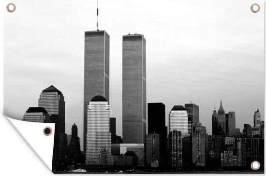 Muurdecoratie De twee wolkenkrabbers van het World Trade Center in New York - zwart wit - 180x120 cm - Tuinposter - Tuindoek - Buitenposter