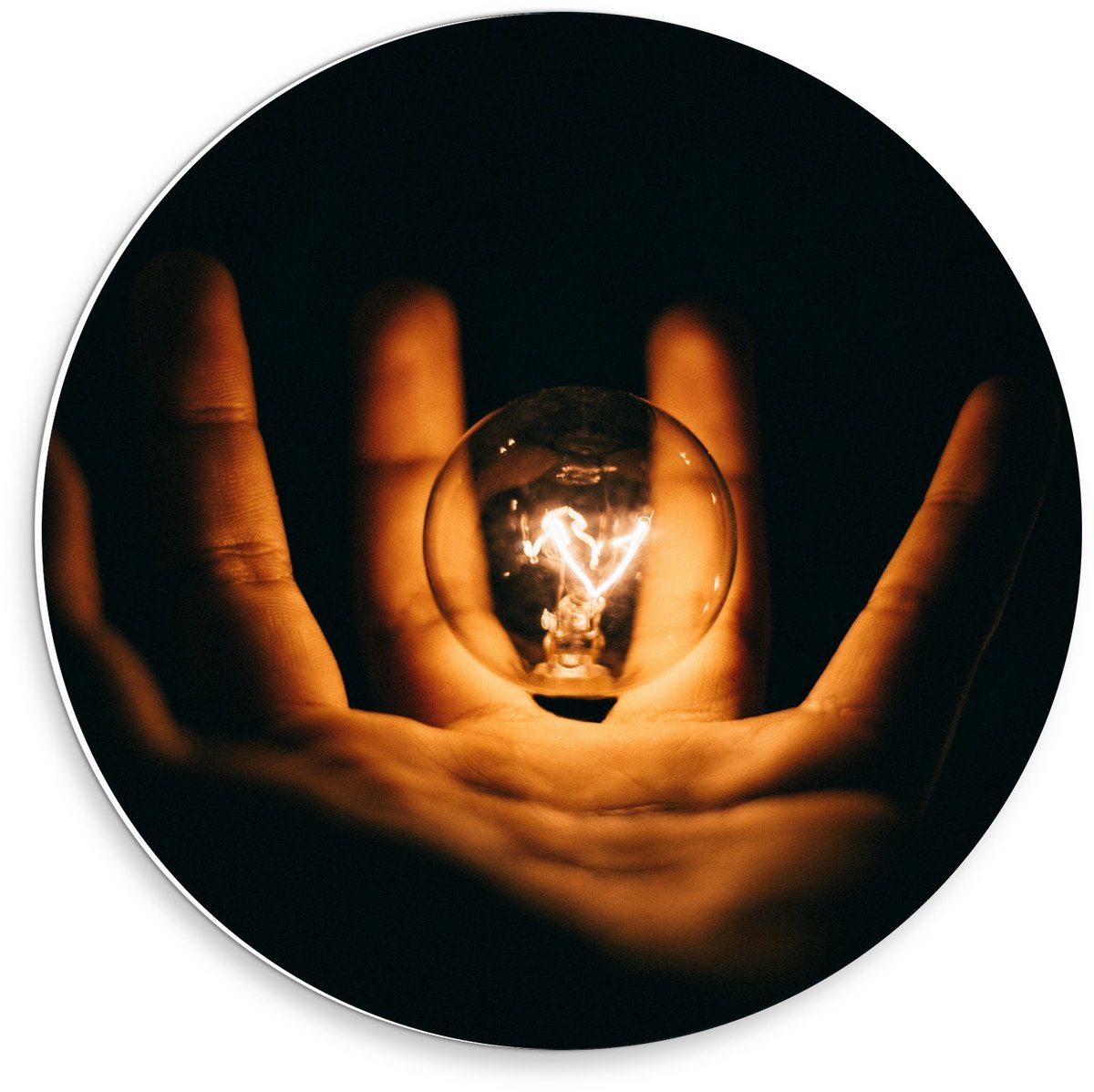 KuijsFotoprint - Schilderij - Lichtgevende Gloeilamp In Handen Met Zwarte Achtergrond - Zw