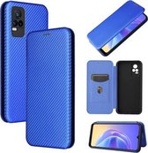 Voor Vivo V21e Koolstofvezel Textuur Magnetische Horizontale Flip TPU + PC + PU Lederen Case met Kaartsleuf (Blauw)