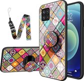 Voor Samsung Galaxy M42 5G Geschilderd Etnisch Patroon Gehard Glas TPU Schokbestendig Hoesje met Opvouwbare Magnetische Houder & Nekband (Kleurrijk)