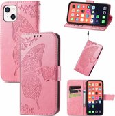 Butterfly Love Flower reliëf horizontale flip lederen tas met beugel / kaartsleuf / portemonnee / lanyard voor iPhone 13 (roze)