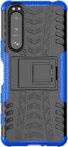 Voor Sony Xperia 5 III Band Textuur Schokbestendig TPU + PC Beschermhoes met Houder (Blauw)