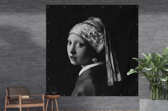Tuin poster Het meisje met de parel - Johannes Vermeer - Zwart - Wit