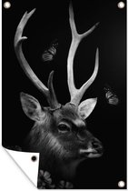 Tuinposters buiten Portret van een hert in de jungle - zwart wit - 60x90 cm - Tuindoek - Buitenposter