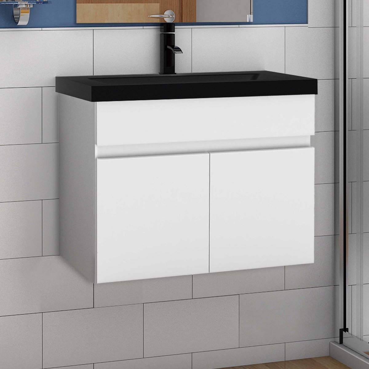 Wastafelonderbouw met onderkast 60 cm badkamermeubels met zwart wastafel,gastentoilet,mat wit
