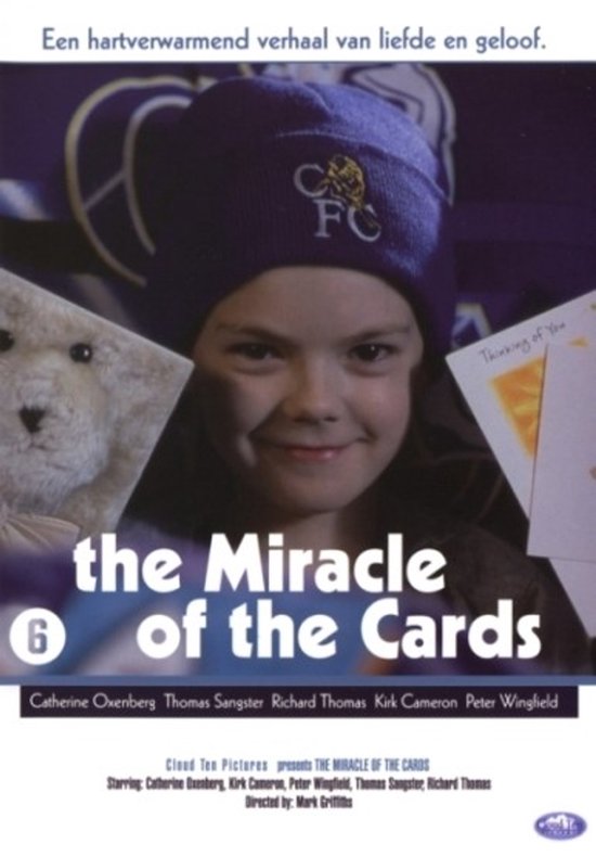 Een jong meisje draagt een paarse muts met logo, ze houdt een kaart vast met 'Thinking of You'. Tekst: 'the Miracle of the Cards'.