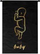 Wandkleed - Wanddoek - Hello baby - Quotes - Goud - Geboorte - Spreuken - 60x90 cm - Wandtapijt