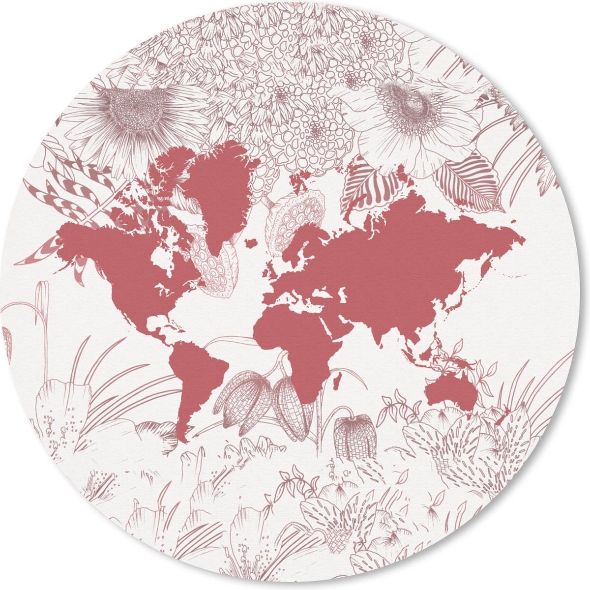 Muismat rond 20x20 cm - Mousepad Wereldkaart - Bloem - Roze - Ronde muismatten