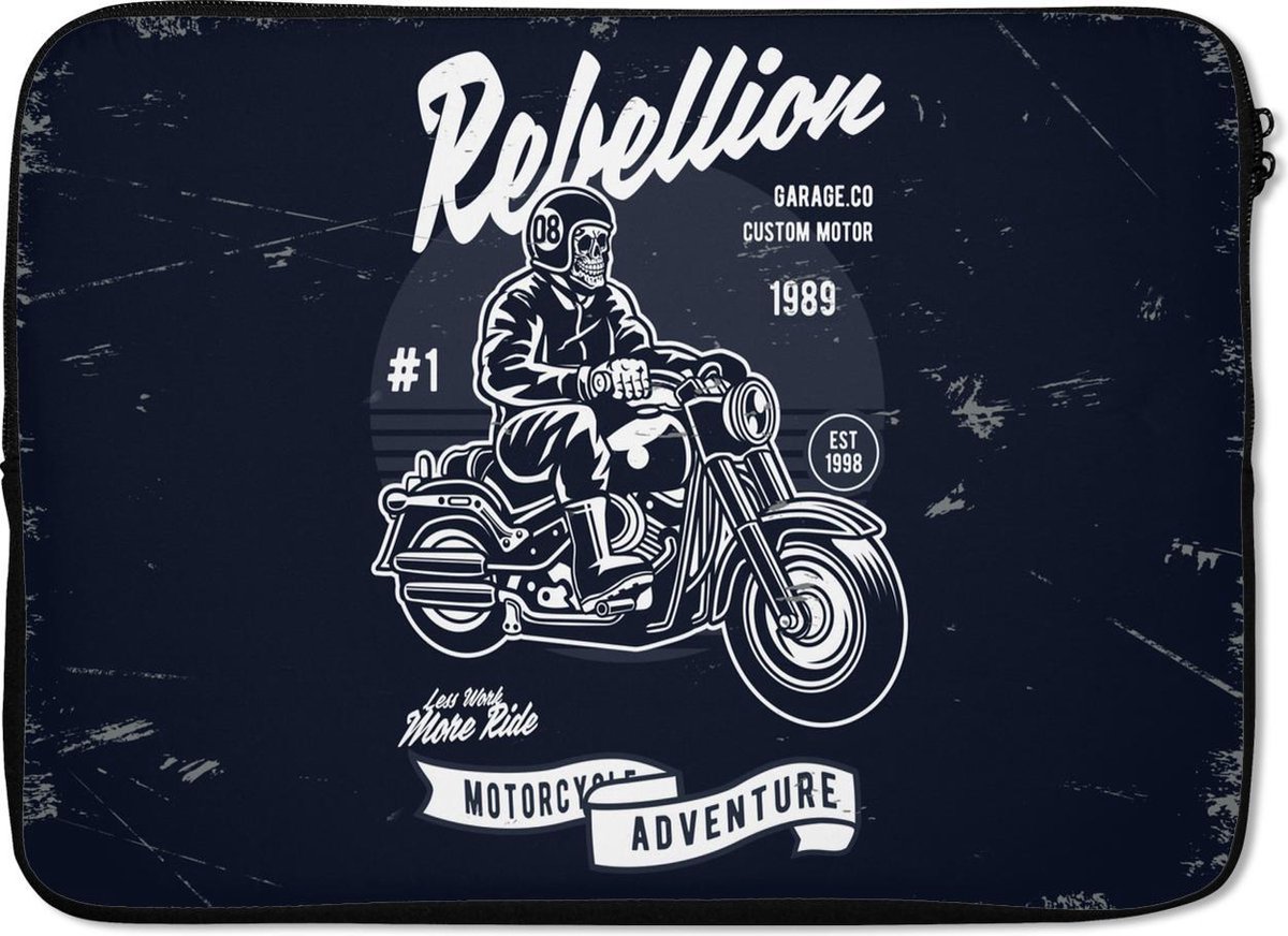 Laptophoes 14 inch - Motor - Motorkleding - Man - Vintage - Laptop sleeve - Binnenmaat 33x23 cm - Zwarte achterkant
