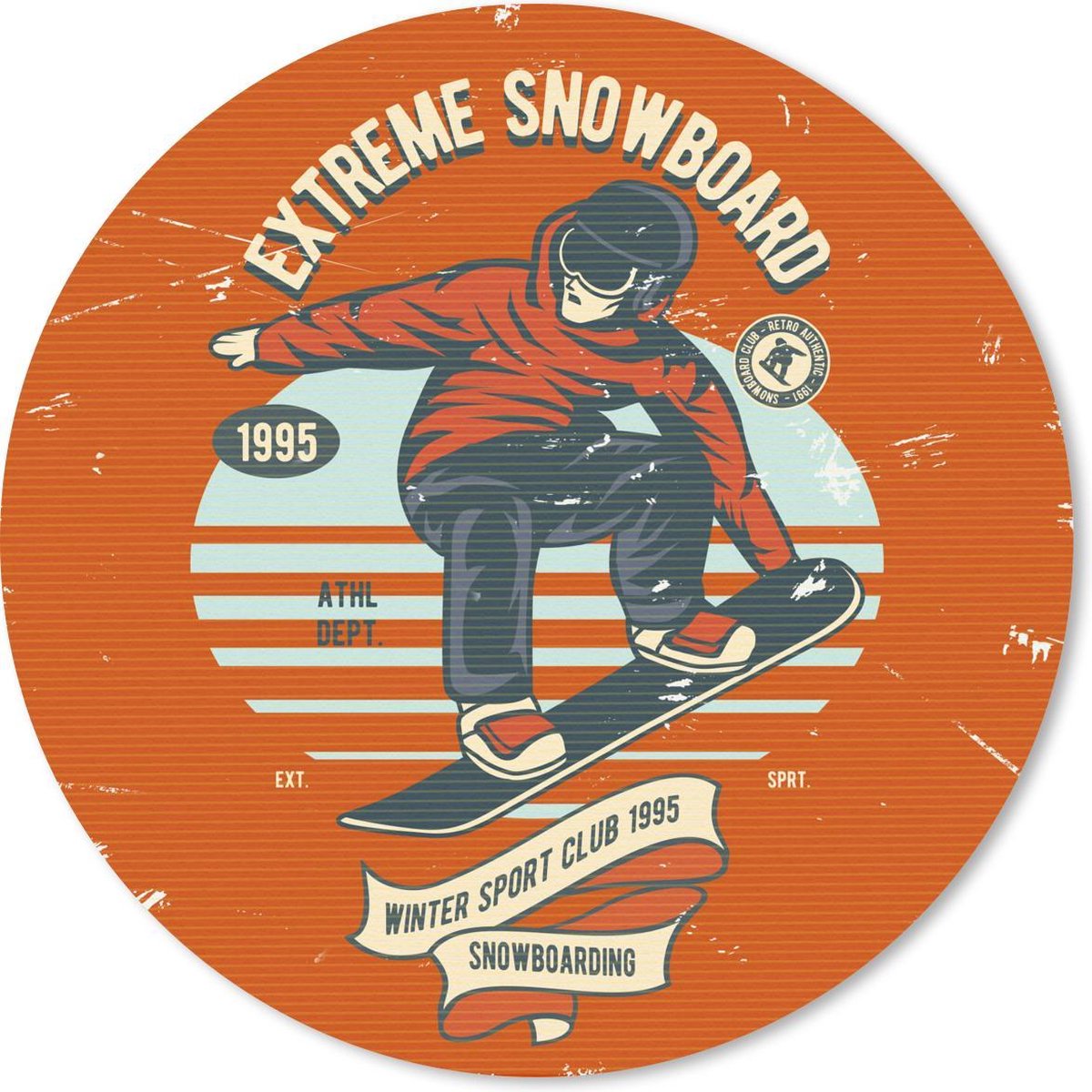 Muismat rond 20x20 cm - Mousepad Snowboard - Kleding - Winter - Retro - Ronde muismatten