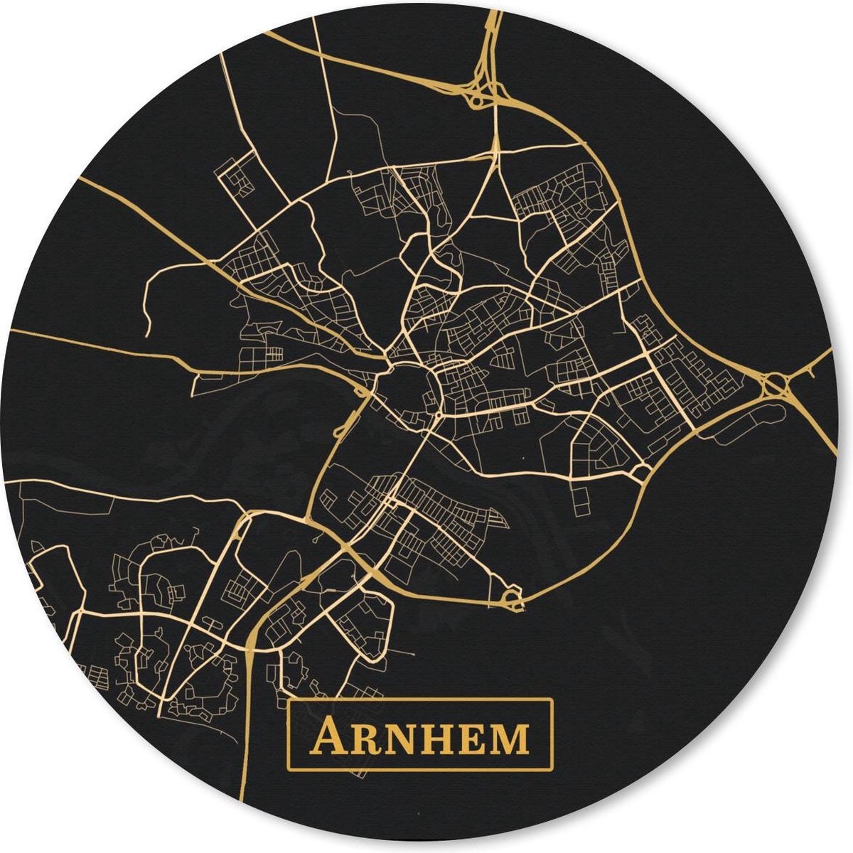 Muismat - Mousepad - Rond - Kaart - Arnhem - Goud - Zwart - 30x30 cm - Ronde muismat