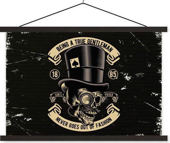 Porte-affiche avec affiche 150 x 100 cm - Affiche scolaire - Crâne - Chapeau - Vintage - Affiche textile - Lattes noires - Cadeau Vaderdag - Cadeau - Cadeau pour lui - Conseil - Homme