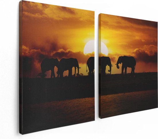Artaza Canvas Schilderij Tweeluik Silhouet Olifanten Tijdens Zonsondergang - 120x80 - Foto Op Canvas - Canvas Print