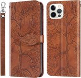Life of Tree Embossing Pattern Horizontal Flip Leather Case met Houder & Kaartsleuf & Portemonnee & Fotolijst & Lanyard Voor iPhone 13 Pro (Bruin)