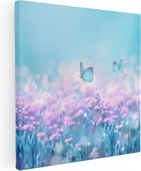 Artaza - Canvas Schilderij - Twee Blauwe Vlinders Bij Roze Bloemen - Foto Op Canvas - Canvas Print