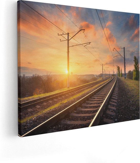 Artaza Canvas Schilderij Rails Spoorweg Bij Zonsondergang - 50x40 - Foto Op Canvas - Canvas Print