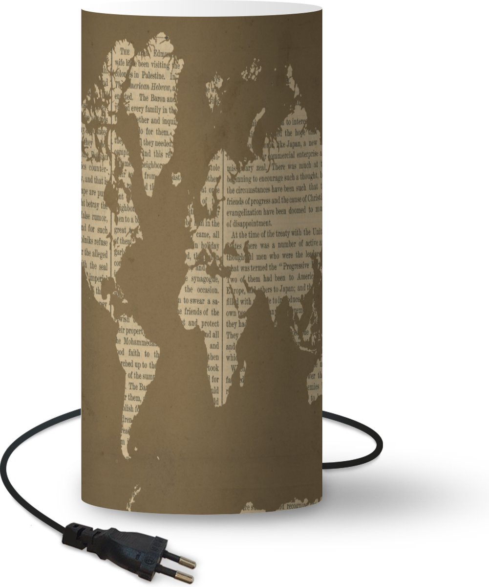 Lamp - Nachtlampje - Tafellamp slaapkamer - Wereldkaart - Boek - Bruin - 33 cm hoog - Ø15.9 cm - Inclusief LED lamp