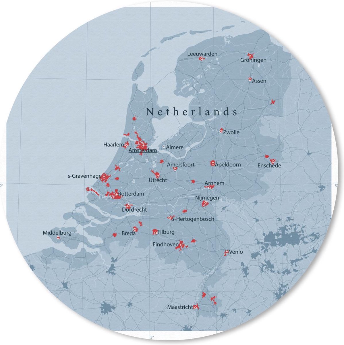 Muismat rond 40x40 cm - Mousepad Gedetailleerde kaart van Nederland - Ronde muismatten