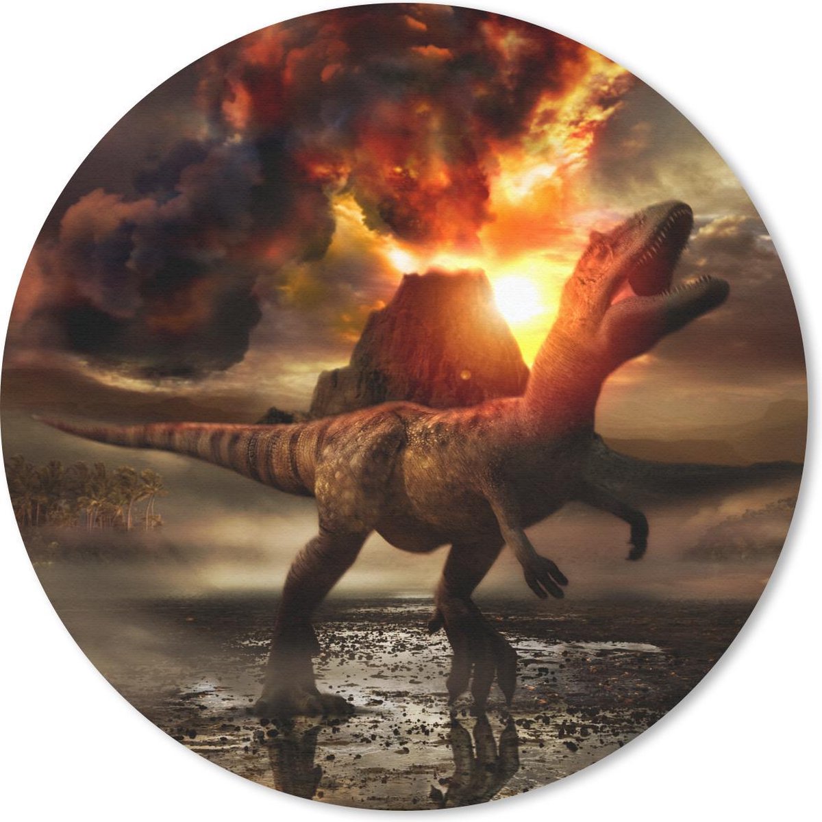 Muismat rond 40x40 cm - Mousepad Dinosaurus - Vulkaan - Vuur - Ronde muismatten