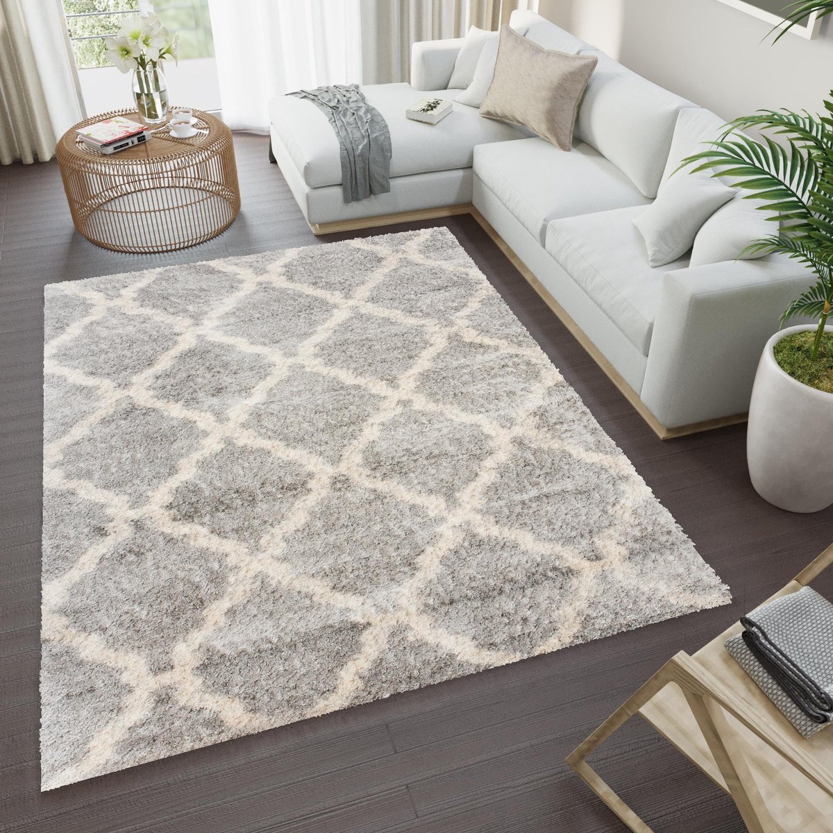 Tapiso Versay Vloerkleed Hoogpolig Woonkamer Shaggy Tapijt Maat- 120x170 Lichtgrijs Creme3