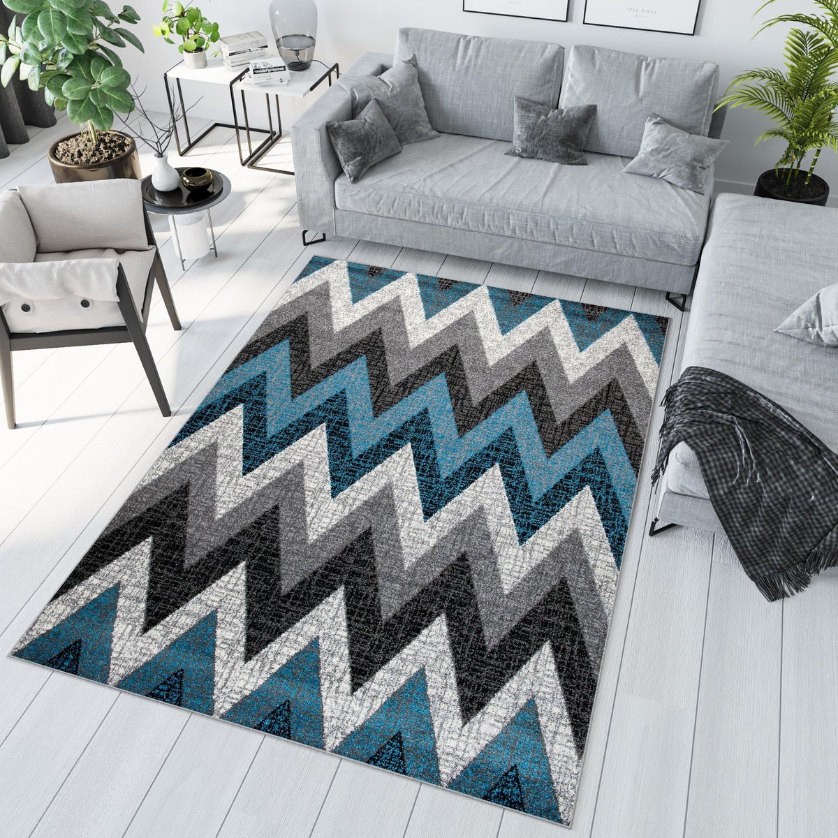 Tapiso Jawa Vloerkleed Grijs Blauw Zigzag Laagpolig Tapijt Maat- 300x400
