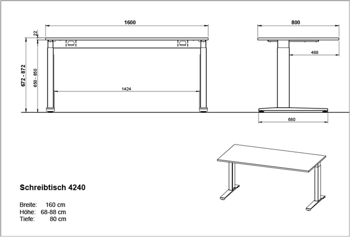 Bureau Osmond 160cm Mechanisch Verstelbaar - Lichtgrijs/zilver - Germania - Bureautafels - Grijs - MDF; Staal