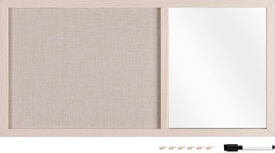 Navaris prikbord en spiegel in één - Memobord - 70 x 35 cm - Prikbord van textiel - Wandbord inclusief marker en punaises - Crème - Navaris