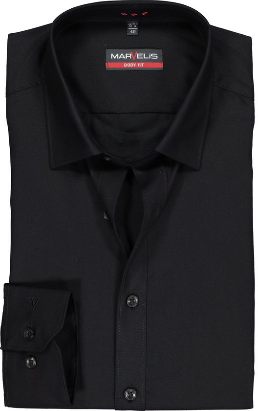 MARVELIS body fit overhemd - mouwlengte 7 - zwart - Strijkvriendelijk - Boordmaat: 40